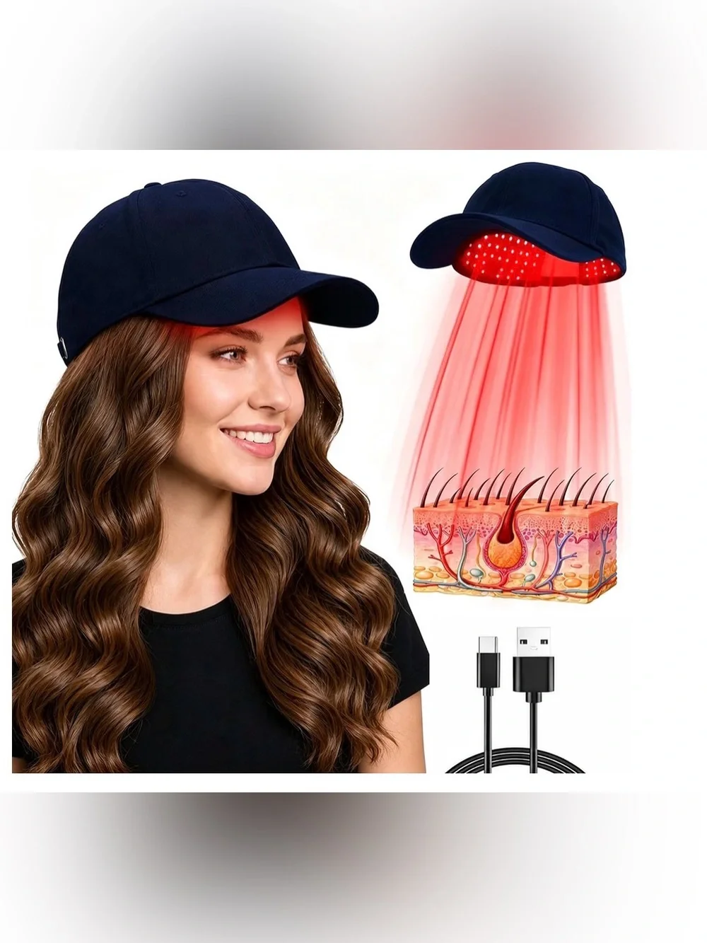 Red Light Therapy Hair Growth Cap – 650nm LLLT, Rechargeable,Blue Hair Growth